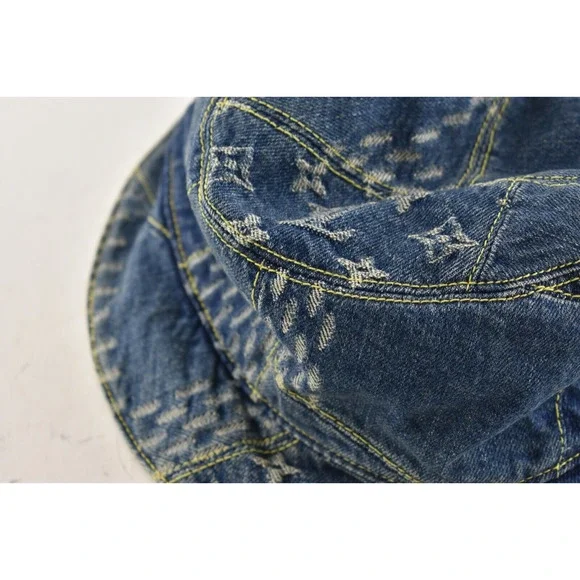 Louis Vuitton Nigo Blue Monogram Giant Wave Denim Logo Sun Bucket Hat M 58cm